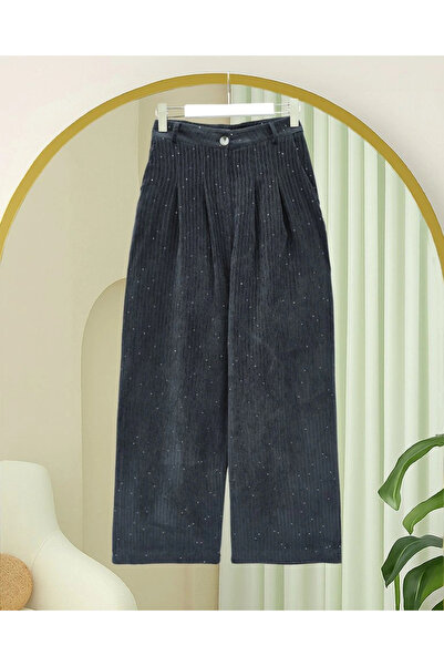 nedo7 Velvet Trousers with Pockets, Wide Legs and Sequin Detail - Anthracite