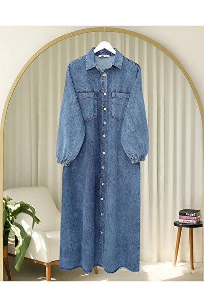 nedo7 Buttoned Sleeve Denim Dress with Elasticated Pockets - Ice Blue