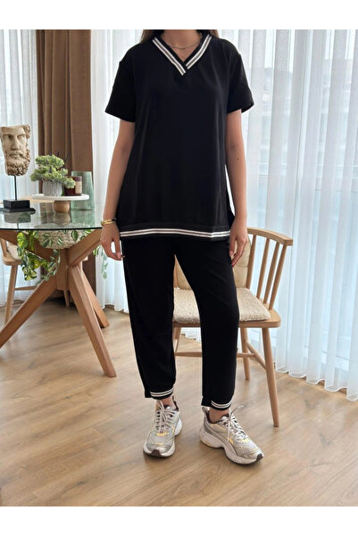 nedo7 Women's Short Sleeve V-Neck Two Thread Blouse and Pants Double Set