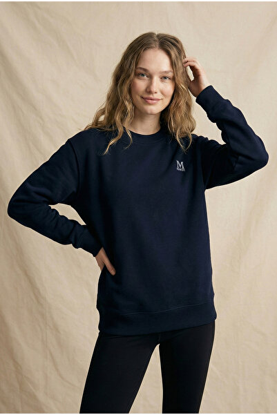 MAKSFD Unisex Crew Neck Oversized Sweatshirt Cotton Inside 3 Thread Sha Fleece-Lined Ahat Mold Daily Navy Blue