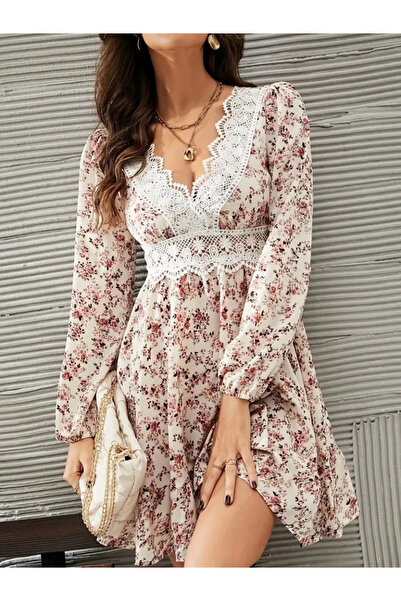 nedo7 Women's Long Sleeve Lace V-Neck Mini Patterned Single Jersey Dress