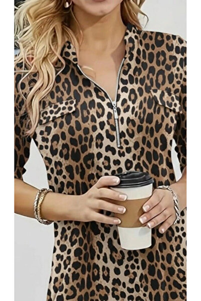 nedo7 Women's Long Sleeve High Neck Zipper Geometric Pattern Single Jersey Blouse