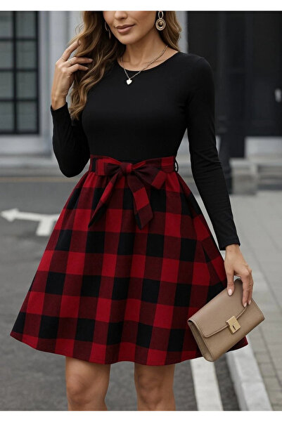 nedo7 Women's long sleeve crewneck top viscose bottom plaid short dress