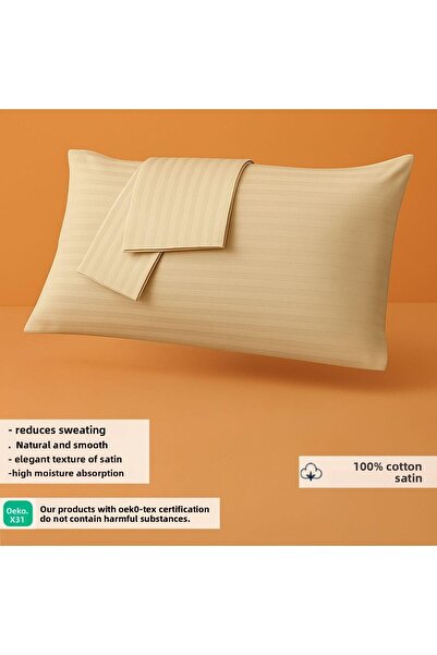 Mamcrazy غطاء وسادة من الساتان القطني 100% - طقم من قطعتين - بيج، مخطط (50×70...