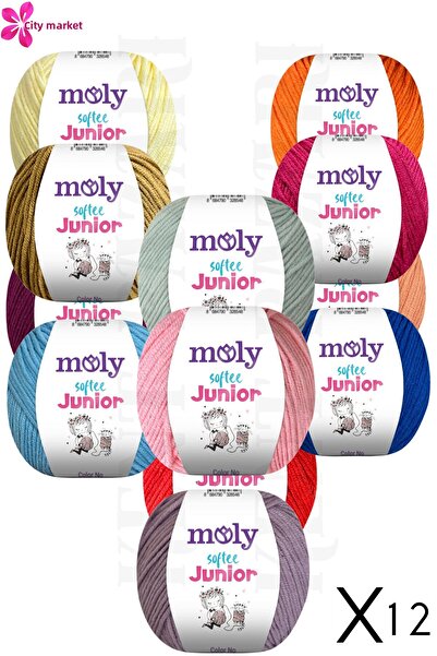 Kent Pazarı Moly Softee Junior 12 Pieces Punch Hand Knitting Yarn Amigurumi Yarn 50 Gr Bag Toy Yarn Mixed Color