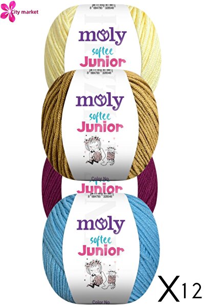Kent Pazarı Moly Softee Junior 12 Pieces Punch Hand Knitting Yarn Amigurumi Yarn 50 Gr Bag Toy Yarn Mixed Color