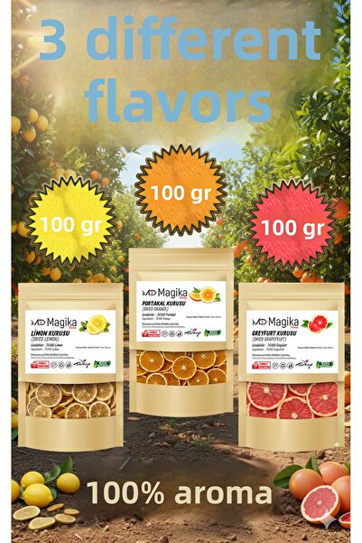 Magika Design 100 جرام من الليمون المجفف، 100 جرام من البرتقال المجفف و100 جرام من الجريب فروت المجفف، الأول. درجة عالية، مجفف طازجًا