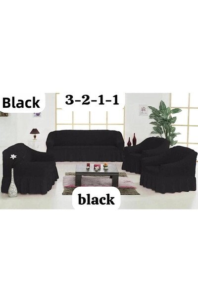 ARTUÇ Bürümcük (3-2-1-1) Sofa Slipcover Set with Skirt (Black Rank)