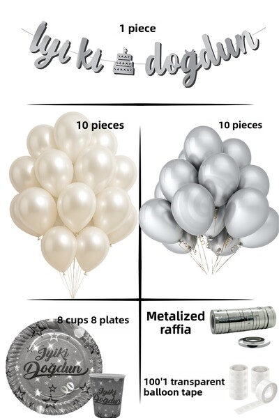 Baloncu Demmo Birthday 10 Pieces Pearl White, 10 Pieces Silver Metallic Ballo...