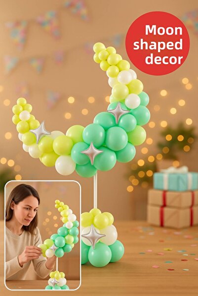 TOYFEST Moon Shaped Party Balloon Decor – Birthday Table Top Ornament Set Pastel Colored 3D Stand