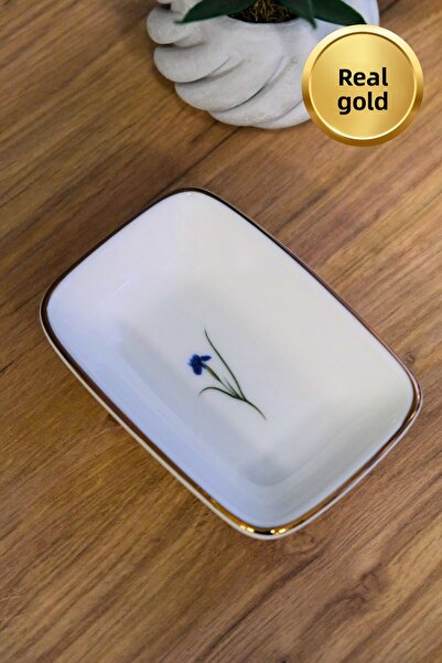 tabakevi Tabak Evi Porcelain Natura Iris Gold Gilded Rectangular Boat Plate 14X9,8Cm 6 Pcs