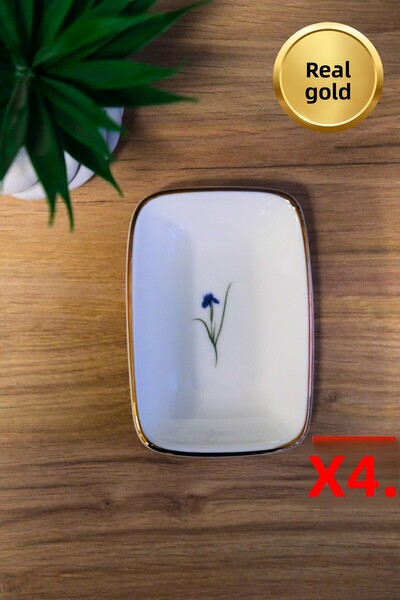 tabakevi Tabak Evi Porcelain Natura Iris Gold Gilded Rectangular Boat Plate 12X8,50Cm Set of 4