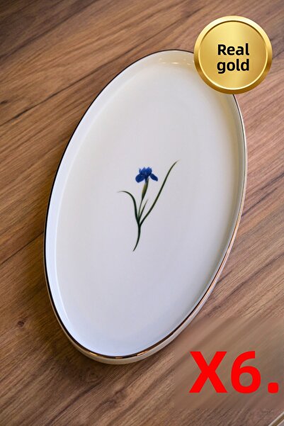 tabakevi Plate House Porcelain Natura Iris Gold Gilded Oval Boat 32.50X17X2.50Cm Set of 6