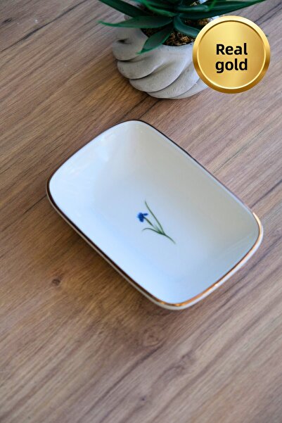 tabakevi Tabak Evi Porcelain Natura Iris Gold Gilded Rectangular Boat Plate 14X9,8Cm 6 Pcs