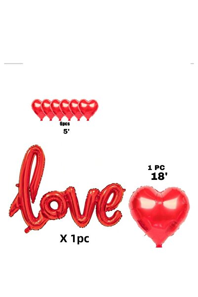 Öztürkpartievi Red Love Lettering & Heart Foil Balloon Set – Romantic Party Decor Set 9 Pieces