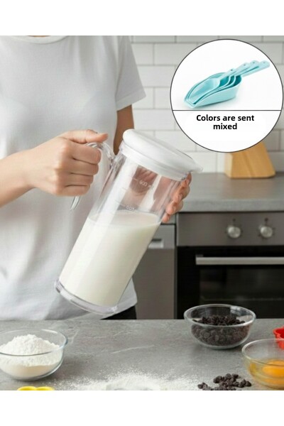 LUCES DESİGN 4-Piece Measuring Spoon Set and 600ml Acrylic Kitchen Measuring Cup with Lid Pastry Cake Dough Preparation Set