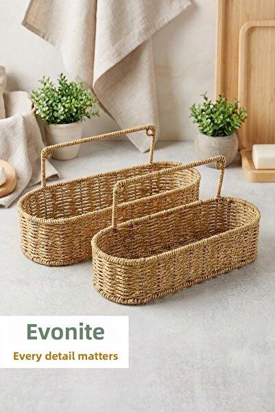 EVONİTA Coș organizator oval cu mâner din răchită naturală Set de 2 Organizator multifuncțional cu aspect de ratan