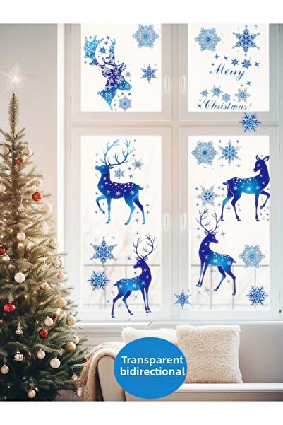 aiki Transparent Double-Sided, Blue Deer and Snowflakes, Christmas Decoration, Glass, Wall Sticker, 30 X 100cm