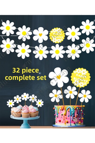 Hiras Dizayn 32 Piece Daisy Themed Giant Set Speech Bubble Decoration Banner Cake Toothpick Cupcake Decoration