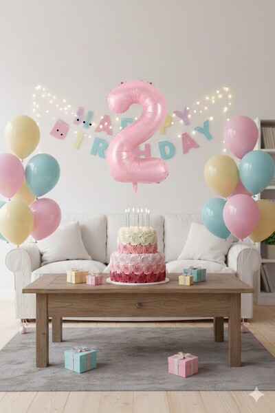 Deniz Party Store بالون فويل وردي اللون لعمر سنتين 34 بوصة 76-80 سم