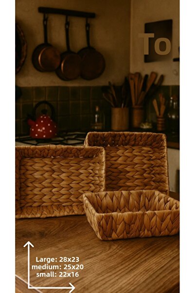 PEKPLUS Decorative Natural Hand Knitted Rectangular Wicker 3-Piece Basket Set Multi-Purpose Organizer