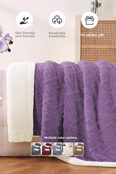 Evlen Home Collection Pufly Jacquard Sherpa Blanket Set Double Size 3 Pieces Soft Plush Wellsoft Bedspread Lilac
