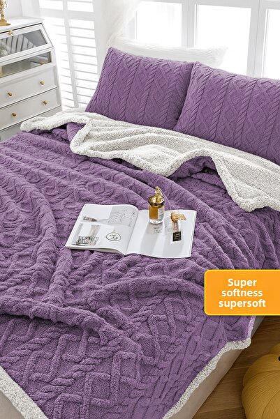 Evlen Home Collection Pufly Jacquard Sherpa Blanket Set Double Size 3 Pieces Soft Plush Wellsoft Bedspread Lilac