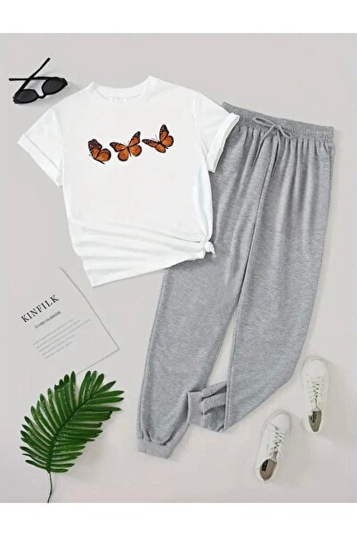 PERISENSE Tricou imprimat cu fluturi Pantaloni de sport Jogger Fit casual Set...