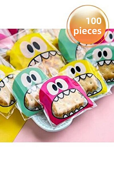 stonehill 100 قطعة من أكياس شفافة بنمط وحش الكوكيز مع شريط متعدد الألوان مقاس...