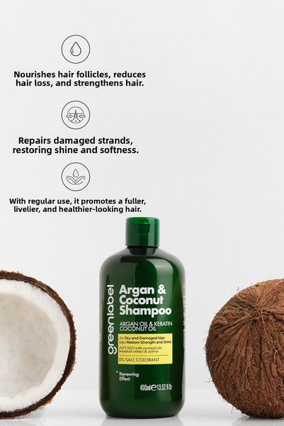 Greenlabel 400ml Argan and Coconut Extract - Keratin Nourishing and Repairing Shampoo