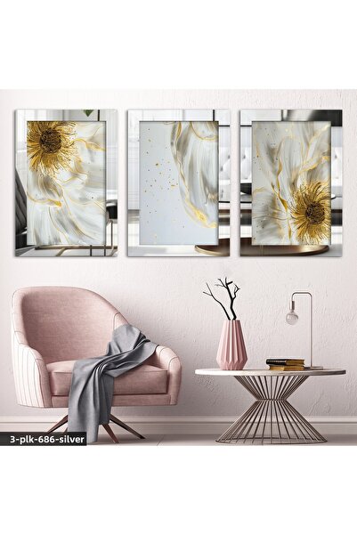 Evinemoda Tablou cu oglindă din plexiglas argintiu, cu detalii aurii și flori...