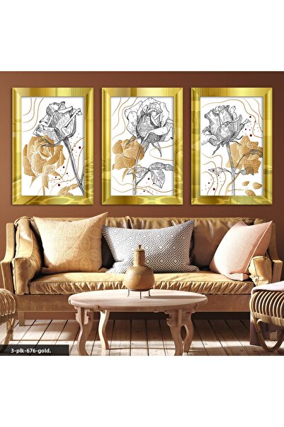 Evinemoda Masa cu oglindă din plexiglas auriu, 3 piese, model Trandafir Linear