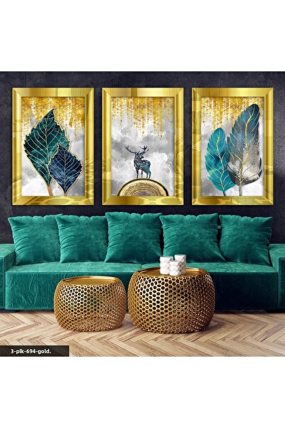Evinemoda Tablou cu cercevești și frunze colorate, 3 piese, din plexiglas auriu