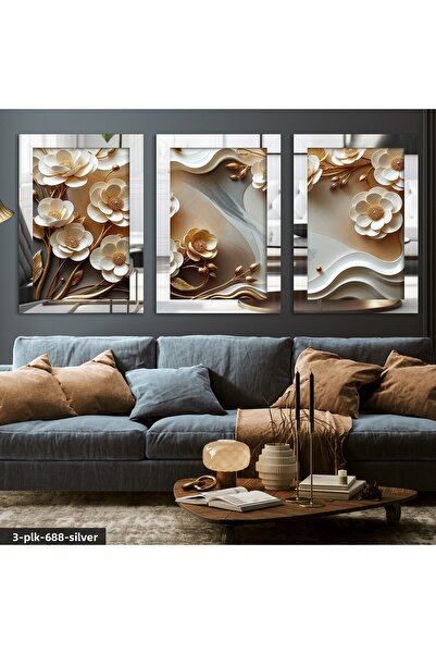 Evinemoda Flori albe elegante cu frunze aurii, tablou cu oglindă din plexigla...