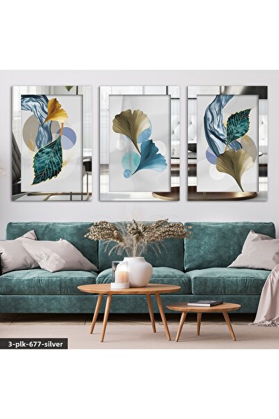 Evinemoda Linii ondulate și frunze colorate, tablou din plexiglas argintiu cu...