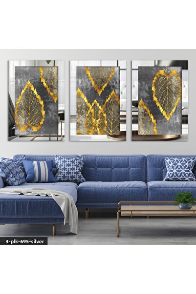 Evinemoda Gold Yaprats, set de 3 piese, masă din plexiglas argintiu cu oglindă