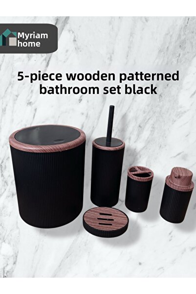 BİLTAŞ PLASTİK طقم حمام خشبي منقوش مكون من 5 قطع باللون الأسود |   تصميم عصري...