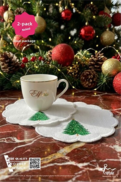 ELFİDA صينية تقديم فاخرة مطرزة لتقديم القهوة في الحفلات، مناديل صغيرة، شجرة الصنوبر لعيد الميلاد، قطعتان