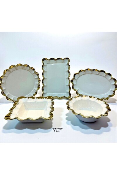 Hinora Gold Detail White 5 Piece Ceramic Serving Plate Set