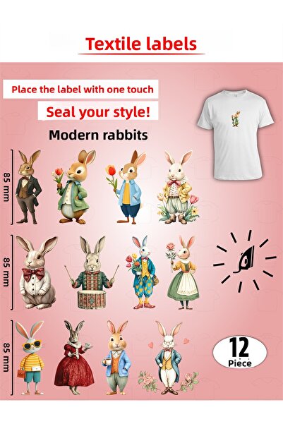 AGG Reklam Iron-On Clothing Labels Modern Rabbits Set of 12