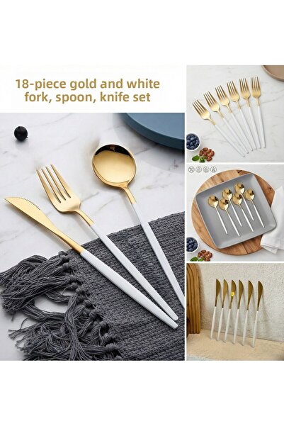 TARIK HOME طقم أدوات مائدة من الفولاذ المقاوم للصدأ باللون الأبيض الذهبي مكون من 18 قطعة على شكل دائري لـ 6 أشخاص