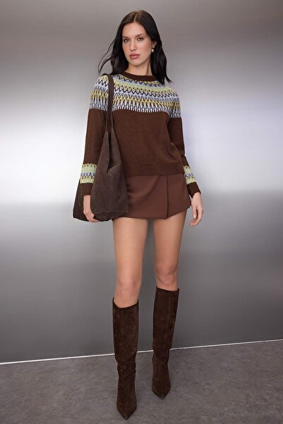 Trendyol Collection Brown Soft Textured Ethnic Patterned Knitwear Sweater Twoaw26Kz00194