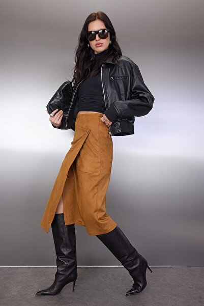 Trendyol Collection Πλεκτή φούστα με διπλό πέτο κουμπιά Camel Suede TWOAW26ET00162