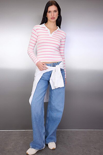Trendyol Collection Light Pink Striped Soft Touch Polo Neck Bodycon Knitted Blouse Twoaw26Bz00355