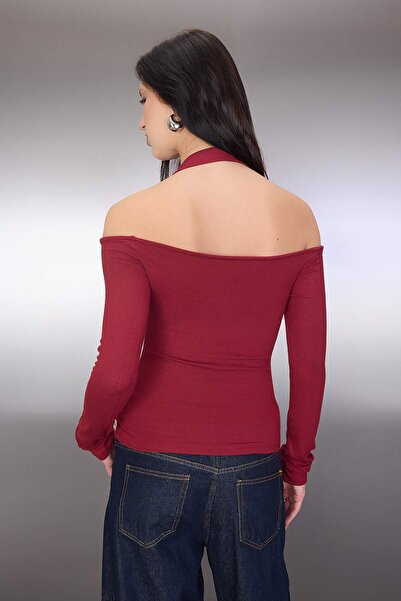 Trendyol Collection Burgundy Halter Neck Accessory Belt Detailed Fitted/Bodycon Knitted Blouse Twoaw26Bz00197