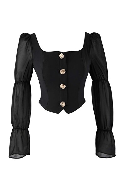 Trendyol Collection Black Square Neck Balloon Sleeve Button Detail Woven Blouse Tpraw26Bz00058