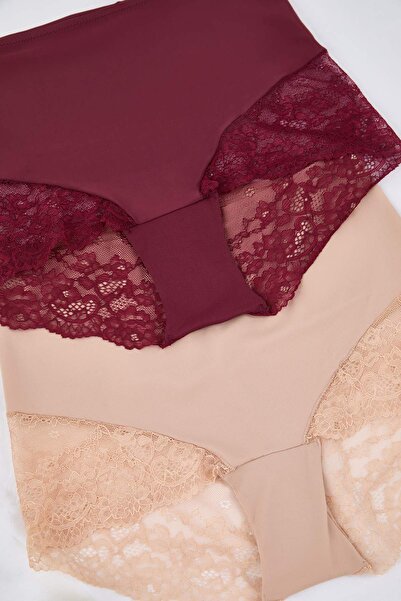 Trendyol Curve Βουργουνδία-ταμπάκι 2-συσκευασία Ψηλόμεση δαντέλα μαλακό πλεκτό ελαστικό κλασικό εσώρουχο μεγάλου μεγέθους TBBAW25CM00006