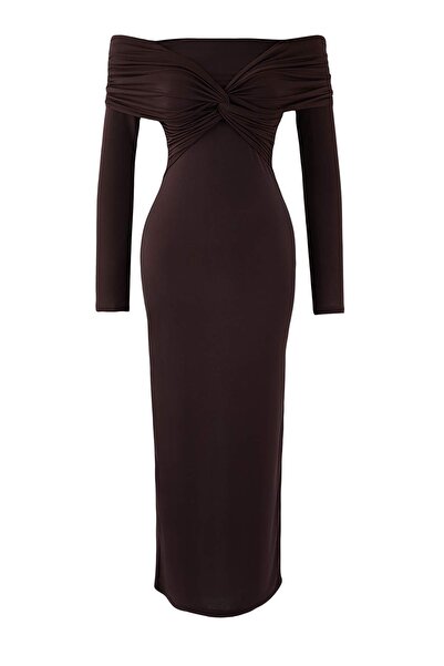Trendyol Collection Dark Brown Collar Detail Knitted Midi Unlined Stylish/Evening Dress Tpraw26El00038