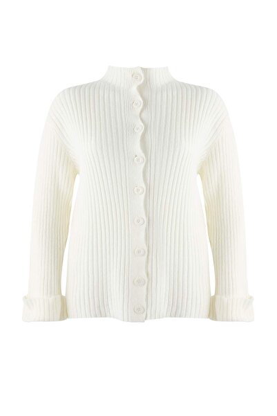Trendyol Curve Ecru Soft Textured Mock Neck Knitwear Cardigan Tbbaw26Av00030
