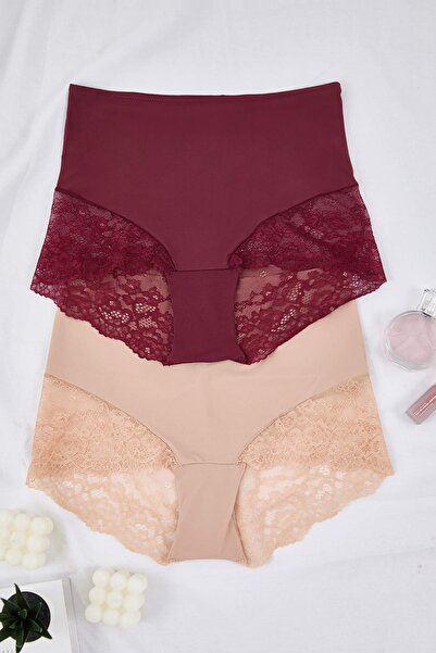 Trendyol Curve Βουργουνδία-ταμπάκι 2-συσκευασία Ψηλόμεση δαντέλα μαλακό πλεκτό ελαστικό κλασικό εσώρουχο μεγάλου μεγέθους TBBAW25CM00006